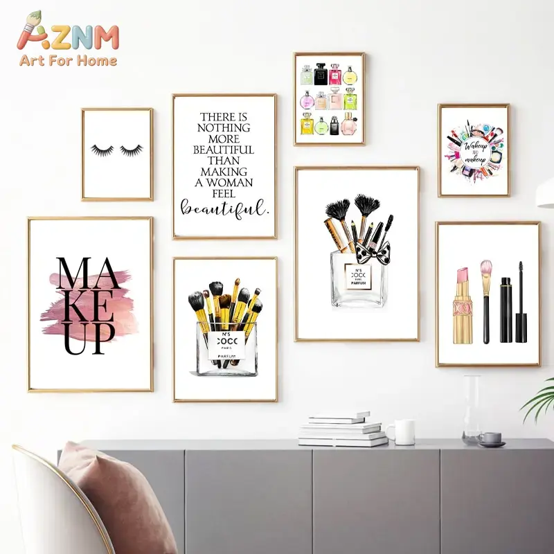 Makeup Is Beauty Quotes - AZNM ピンクファッションメイクアップキャンバスウォールアート香水口紅まつげブラシ美容引用ガールズドレッシングルーム非フレームキャンバスポスター
