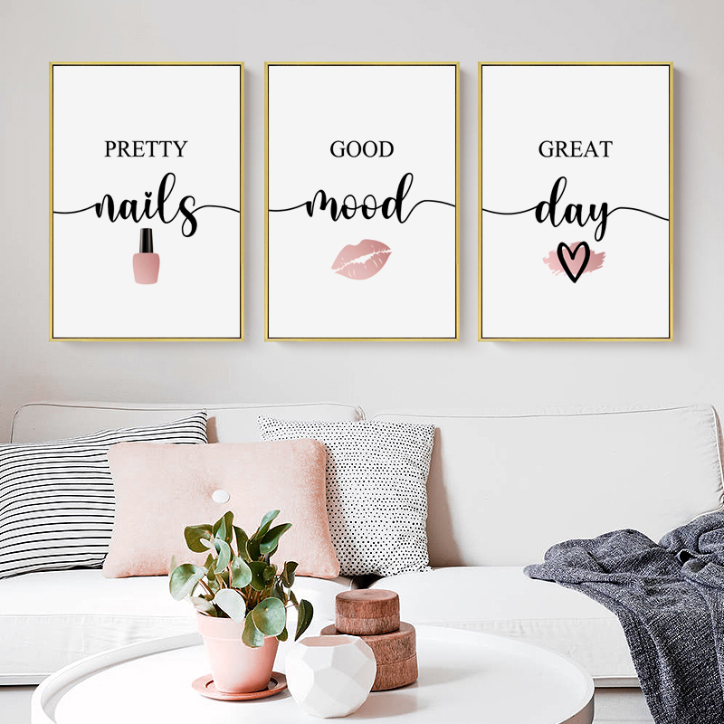 Makeup Is Beauty Quotes - 北欧ピンク女性赤い唇ネイルポリッシュ引用メイクアップポスターキャンバス絵画壁アート写真美容室の部屋の装飾