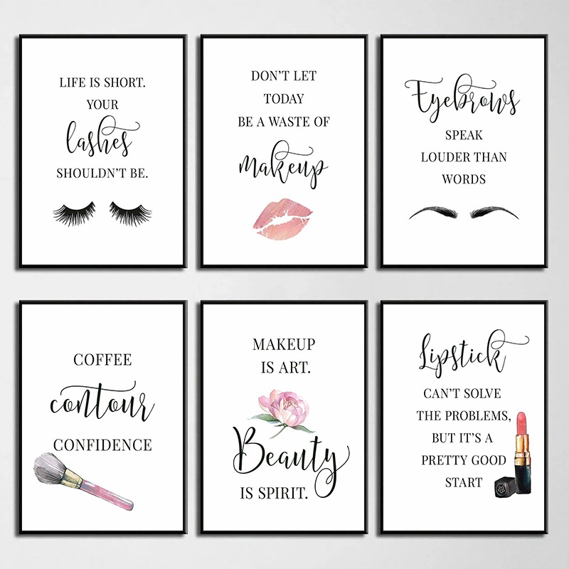 Makeup Is Beauty Quotes - メイクアップ引用句ポスターまつげ眉毛口紅輪郭唇ダイヤモンド絵画プリント壁アート画像美容院ホームデコ用
