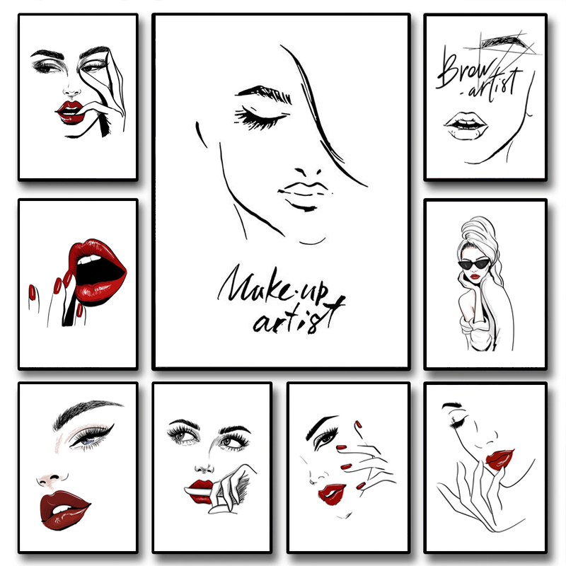 Makeup Is Beauty Quotes - ファッションメイクアップポスター セクシーな美女の名言 ウォールアート 北欧風まつげ レッドリップ キャンバス絵画