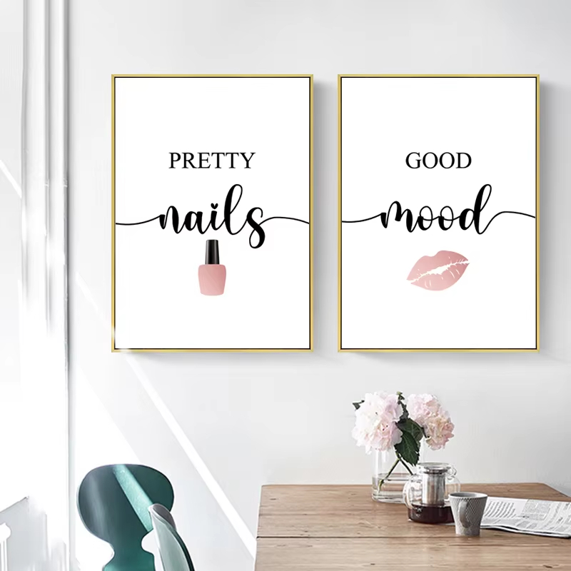 Makeup Is Beauty Quotes - 北欧ピンク女性赤い唇マニキュア引用メイクポスター油絵壁アート写真美容サロンルーム装飾壁画