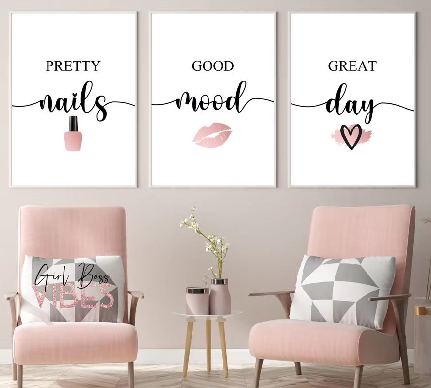 北欧ピンク女性赤い唇マニキュア引用メイクポスター油絵壁アート - Makeup Is Beauty Quotes のレビューと価格